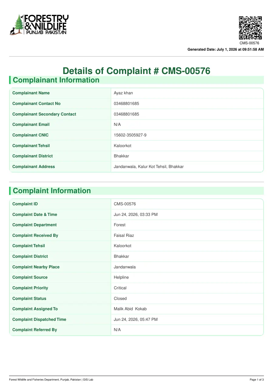 First page of Example Complaint Report