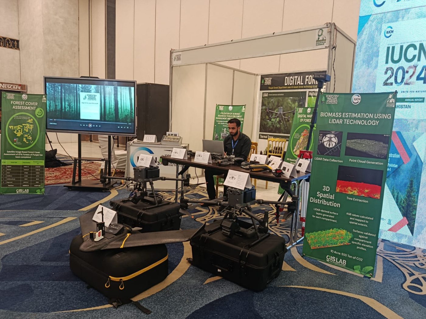 Sheraz on-site representing GIS Lab, Punjab Forest Department at IUCN 2024 — LiDAR drones, biomass estimation and forest cover assessment exhibits